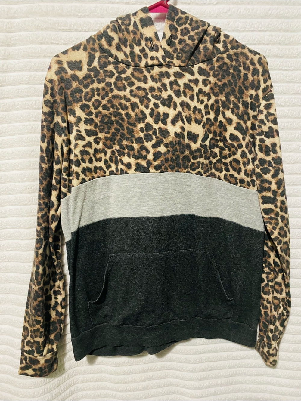Leopard Colorblock Pullover Hoodie - Black/Gray/Cream